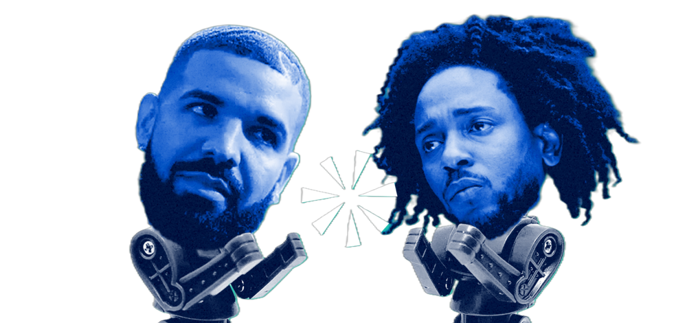 Drake and Kendrick Lamar's heads pasted onto Rock 'Em Sock 'Em Robots, squaring off with a comic spark between them.
