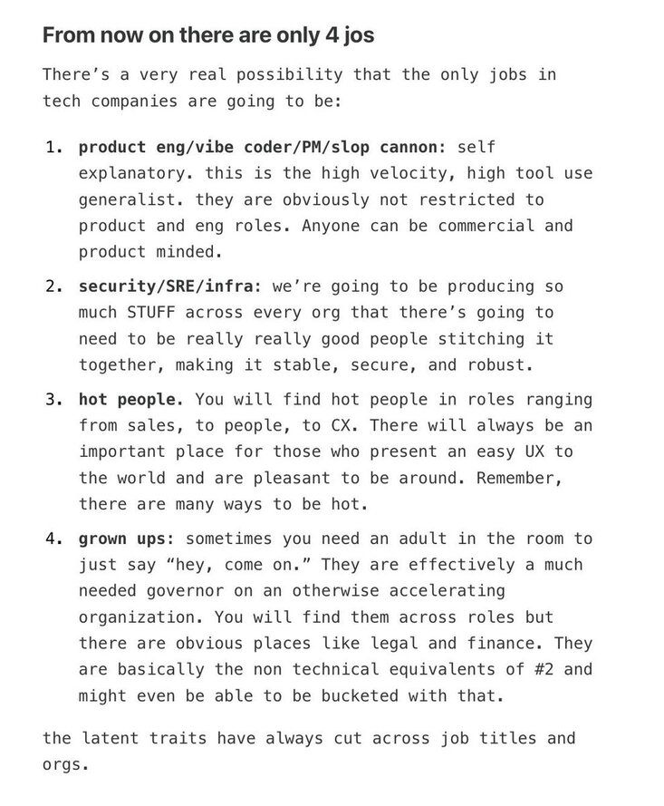 Screenshot of a post arguing that only four kinds of tech job will be left: product engineer, security and infrastructure, hot people, and grown-ups.