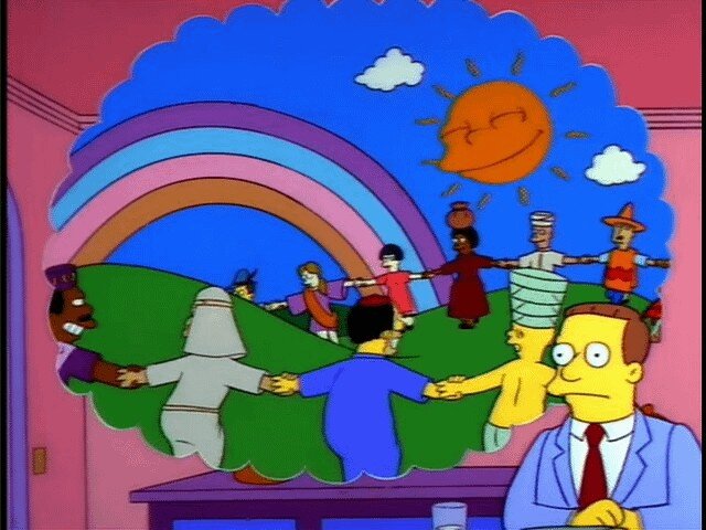 Cartoon crowd of many different people standing together under a rainbow.