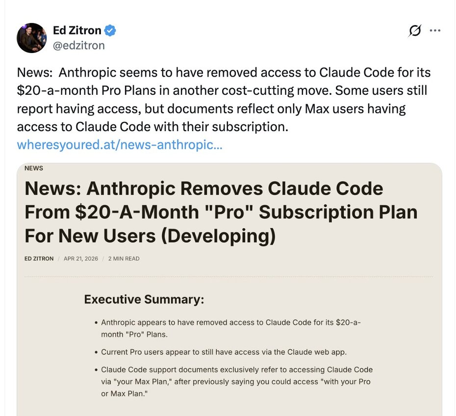 Screenshot of a news post reporting that Anthropic has removed Claude Code access from its twenty-dollar-a-month Pro subscription plan.