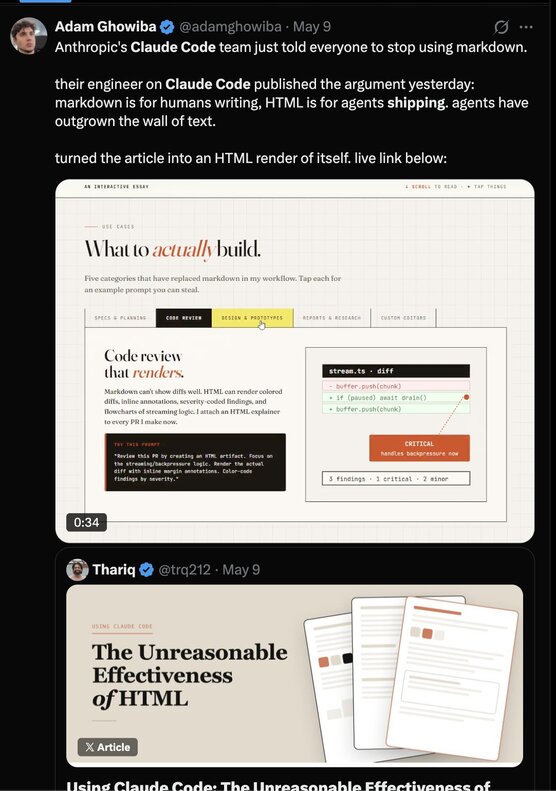 Screenshot of two posts sharing Claude Code write-ups, one of them titled “The Unreasonable Effectiveness of HTML”.