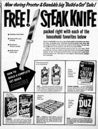 Vintage newspaper advert: “FREE! STEAK KNIFE packed right with each of the household favorites below.”