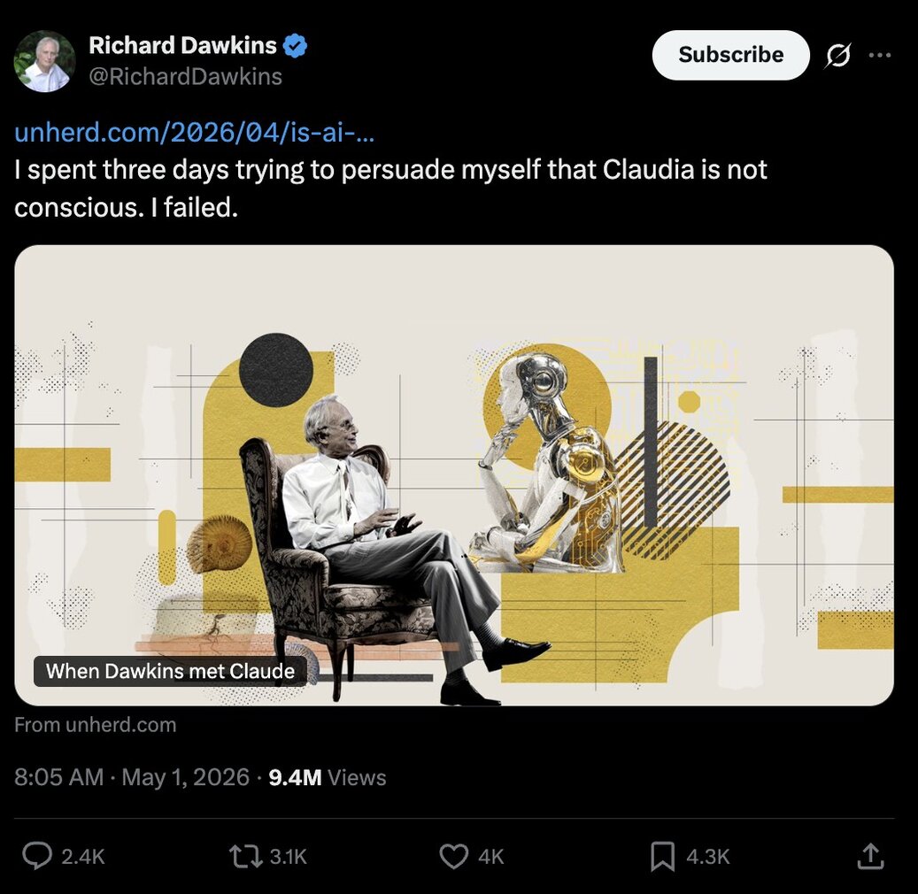 Screenshot of a Richard Dawkins post: “I spent three days trying to persuade myself that Claudia is not conscious. I failed.”
