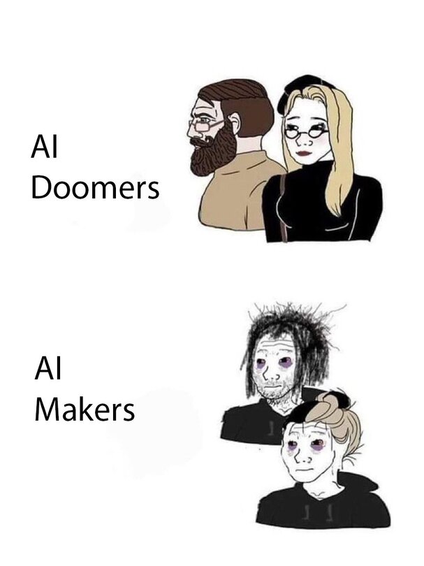 Illustration contrasting two groups of drawn portraits, labelled “AI Doomers” and “AI Makers”.