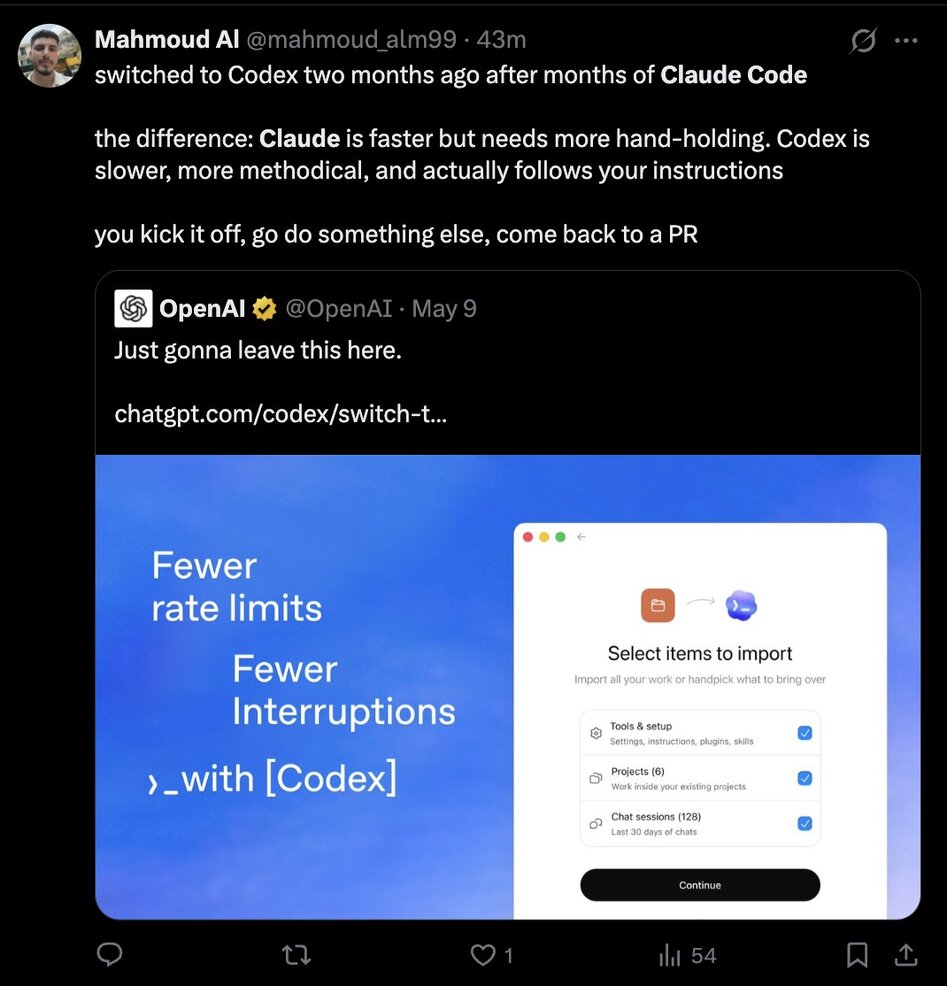 Screenshot of a post comparing two coding assistants: one faster, the other slower and more methodical but needing less hand-holding.