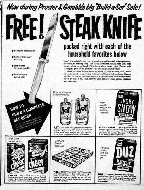 Vintage newspaper advert: “FREE! STEAK KNIFE packed right with each of the household favorites below.”