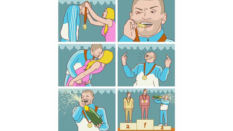 Six-panel comic: an athlete is given a gold medal, bites it, kisses a woman, celebrates, sprays champagne, then stands on the third-place step of the podium still drinking, while first and second look on.